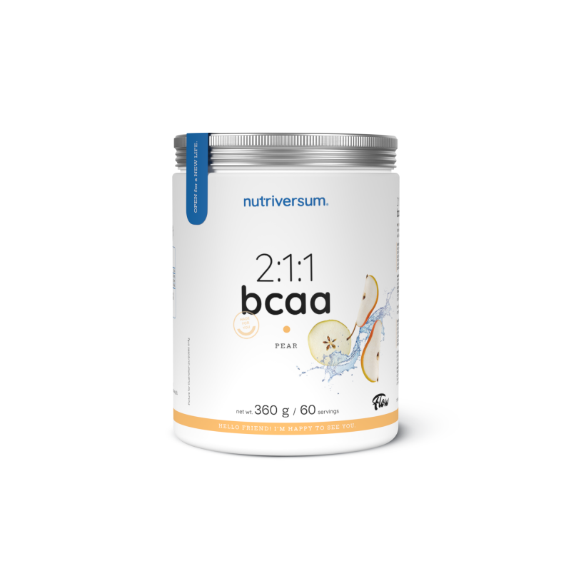 Weißer Beutel BCAA 2:1:1 Pear, 360g, grünes und gelbes Design mit Fruchtgrafik und Produktname sichtbar