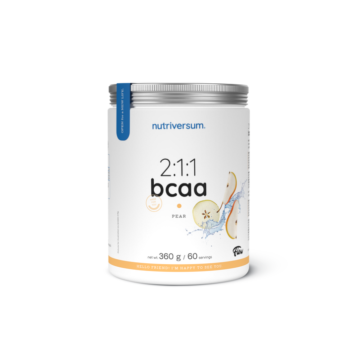 Weißer Beutel BCAA 2:1:1 Pear, 360g, grünes und gelbes Design mit Fruchtgrafik und Produktname sichtbar