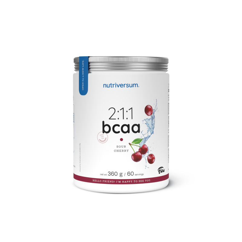 Weiße Dose BCAA 2:1:1 mit rotem Label, Sauerkirsch-Geschmack, 360g, Produktname und Nährwertangaben sichtbar