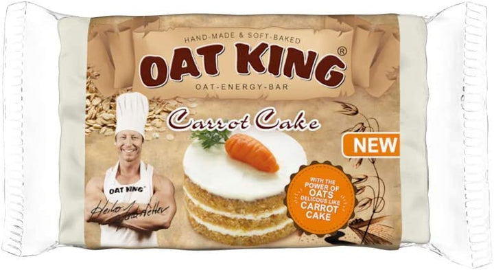 Verpackung des Oat King Riegels in der Sorte Carrot Cake, braun-orange mit Produktname und Zutatenabbildung.