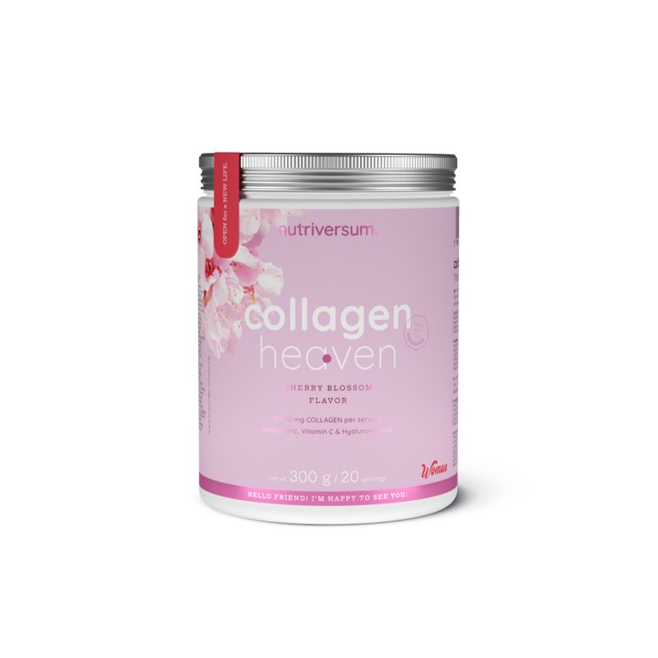 Weiße Dose Collagen Heaven mit rosa Kirschblüten-Design, 300g, Geschmacksrichtung Cherry Blossom sichtbar