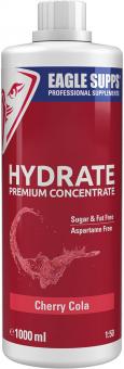 Eagle Supps Hydrate Premium Concentrate, 1 Liter Flasche, Kirsch-Cola Geschmack, zuckerfrei, Vitamin-Label sichtbar.