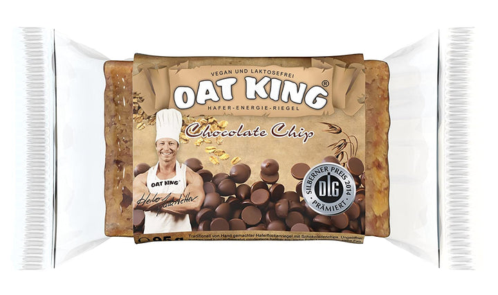 Oat King Riegel Verpackung in Braun mit weißem Schriftzug und Haferflocken-Motiv, Produktname sichtbar.
