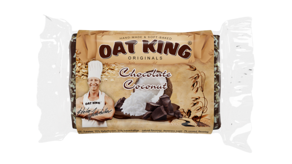 Oat King Riegel Verpackung in Braun mit Produktname und Kokosnuss-Motiv, vegetarisches Label sichtbar.