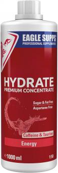 Hydrate Premium Concentrate von Eagle Supps, 1-Liter-Flasche, Energy-Geschmack, blau-weißes Etikett, Nährwertangaben sic