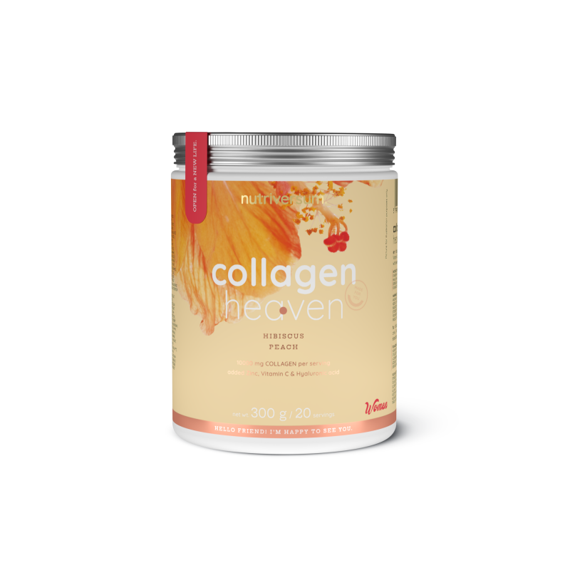 Weiße Dose Collagen Heaven mit pinkem Hibiskus-Design, 300g, Produktname und Geschmacksrichtung Hibiskus sichtbar