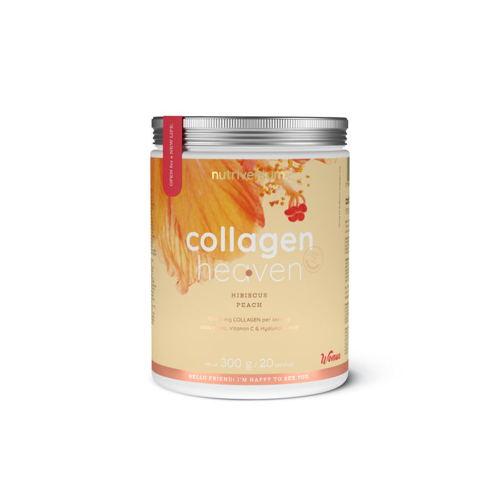 Weiße Dose Collagen Heaven mit pinkem Hibiskus-Design, 300g, Produktname und Geschmacksrichtung Hibiskus sichtbar