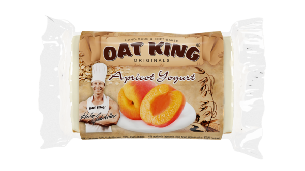 Oat King Riegel Verpackung in Braun mit Produktname und Bild von Haferflocken, Sorte Sweet Raspberry.