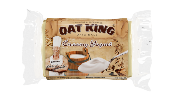 Oat King Riegel Verpackung in Weiß mit Produktname und Bild von Haferflocken, Sorte Joghurt, vegetarisch.