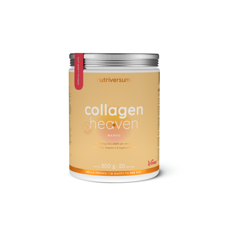 Weiße Dose Collagen Heaven mit lila Label, 300g, Produktname und Acai-Beeren-Illustration sichtbar