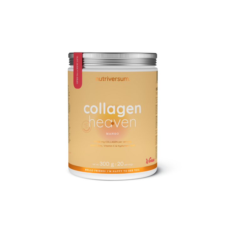 Weiße Dose Collagen Heaven mit lila Label, 300g, Produktname und Acai-Beeren-Illustration sichtbar