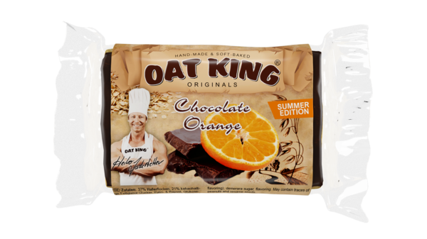 Oat King Riegel in orange Verpackung mit Produktname und Nährwertangaben, vegetarisch, handgemacht.