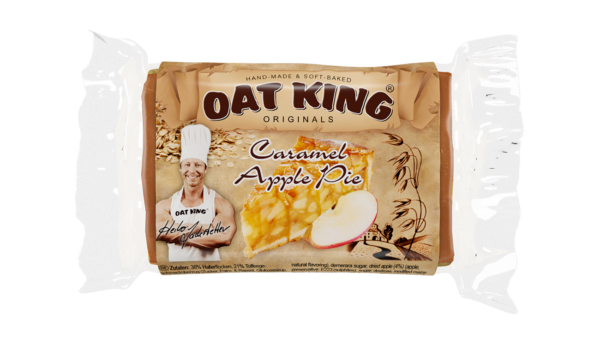 Oat King Riegel Sweet Raspberry, braune Verpackung mit rotem Schriftzug und Haferflocken-Motiv, 95 Gramm.