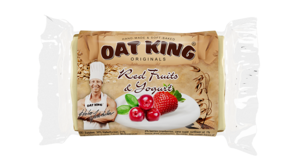 Oat King Riegel Sweet Raspberry, rote Verpackung mit Produktname und vegetarischem Label, 95 Gramm.