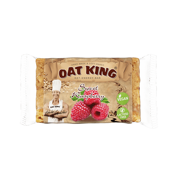 Oat King Riegel Sweet Raspberry, Verpackung in Rot und Weiß mit Produktname und Haferflocken-Motiv.