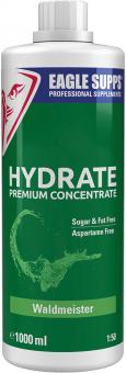 Eagle Supps Hydrate Premium Concentrate, 1 Liter Flasche, Geschmacksrichtung Waldbeere, blau-rote Verpackung.