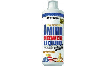 Weider Amino Power Liquid Flasche, braune Verpackung mit rotem Etikett, Produktname und Cola-Geschmack sichtbar.