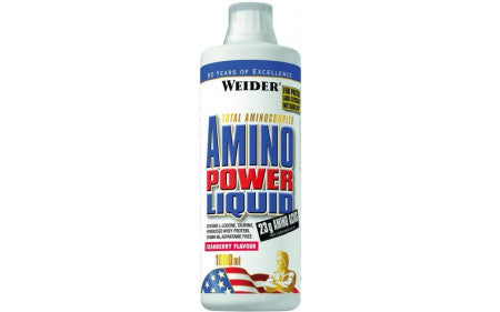 Weider Amino Power Liquid Flasche, rote Verpackung, Produktname, 66 Portionen, Label mit Nährwertangaben.