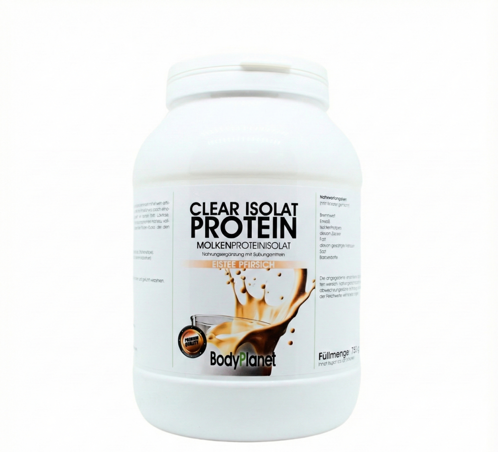 Große weiße Dose BodyPlanet Clear Isolat Protein Molkenproteinisolat Sorte Pfirsich auf weißem Hintergrund für Fitness und Muskelaufbau.