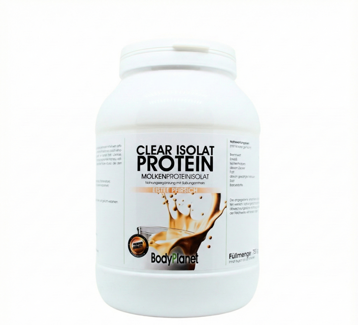 Große weiße Dose BodyPlanet Clear Isolat Protein Molkenproteinisolat Sorte Pfirsich auf weißem Hintergrund für Fitness und Muskelaufbau.