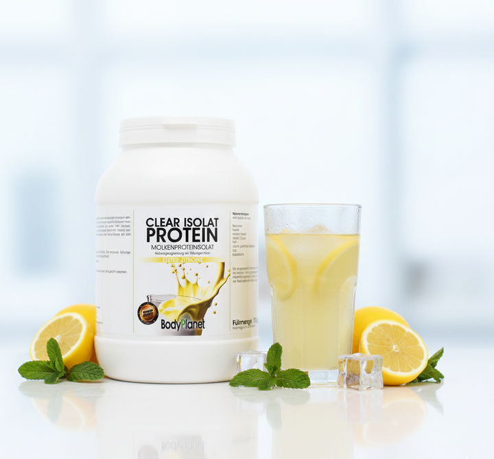 Erfrischendes BodyPlanet Clear Isolat Protein Molkenproteinisolat in der Geschmacksrichtung Edle Zitrone. Die weiße Proteindose steht neben einem Glas Eistee mit Zitronenscheiben, Minze und Eiswürfeln.