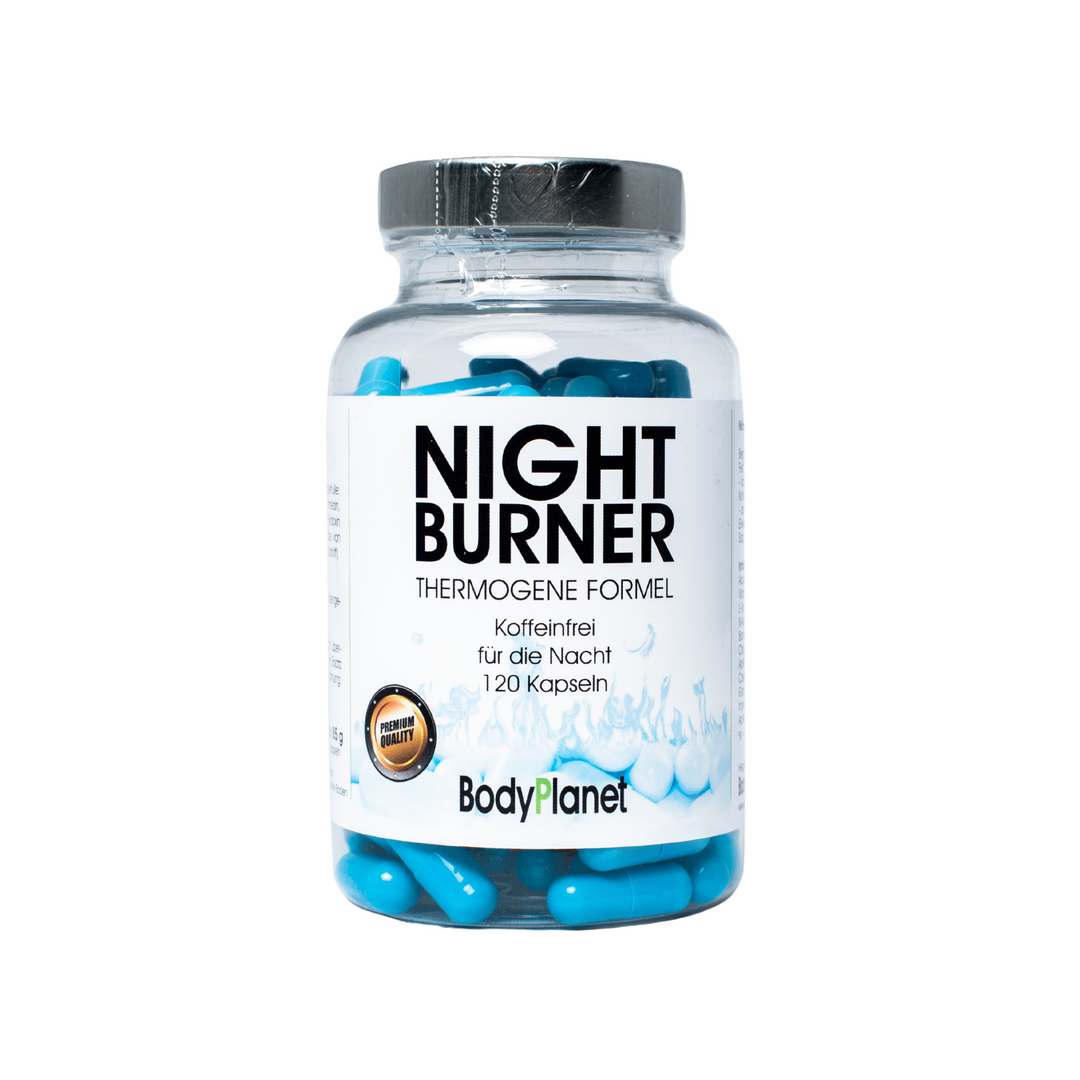Night Burner BodyPlanet Blaue Kapseln in durchsichtiger Verpackung Thermogene Formel Koffeinfrei für die Nacht 120 Kapseln
