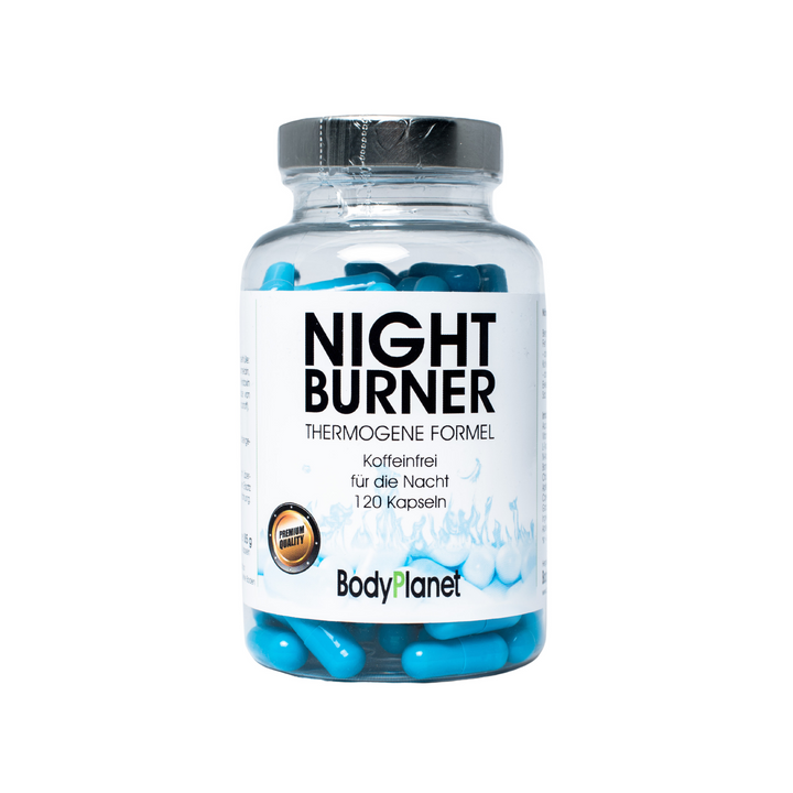 Night Burner BodyPlanet Blaue Kapseln in durchsichtiger Verpackung Thermogene Formel Koffeinfrei für die Nacht 120 Kapseln

